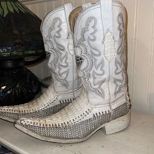 Vintage White Diamond Crocodile & leather sequin stitched cowboy boots